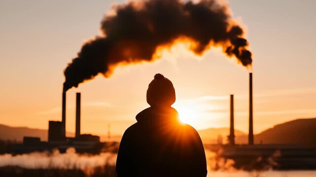 A silhouette of a person stands against the dramatic backdrop of industrial pollution and smoke stacks at sunset, highlighting environmental concerns and climate change.