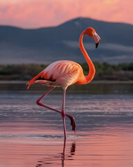 Flamingo at Sunset with Mountain Backdrop 