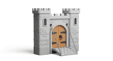Stone Castle Fortress with Wooden Door and Drawbridge.