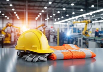 Fototapeta premium Safety helmet and protective equipment in modern factory with robotic arms and automated production line in background