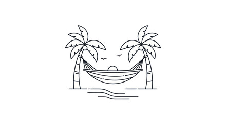 Minimalist Line Art of a Tropical Beach Scene with Hammock Between Palm Trees.