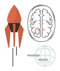 Rocket symbolizes progress, brain emphasizes creativity, globe highlights global reach. Ideal for innovation, creativity, technology, global growth, science exploration education. Simple flat