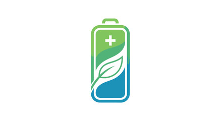 Green energy battery icon with leaf and plus symbol.