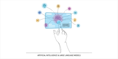 Futuristic concept of artificial intelligence and large language models (LLM) with glowing AI icons and human hand interface continuous single line art drawing sketch on white background
