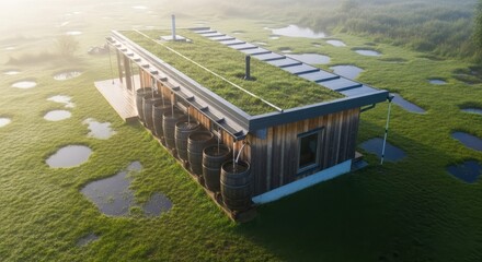 Eco-friendly house with green roof and rain barrel system. Sustainable architecture for water conservation and environmental design.