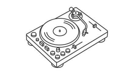 Classic DJ Turntable with Vinyl Record Line Art Illustration.