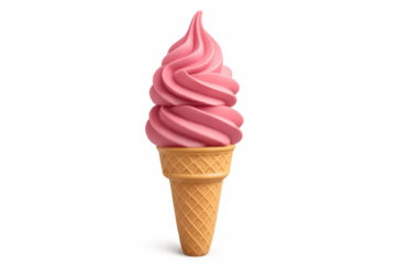 Swirling strawberry soft serve ice cream cone on transparent background, sweet frozen dessert treat