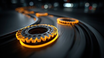 Abstract image of illuminated gear-like objects on a curved track, blurred background