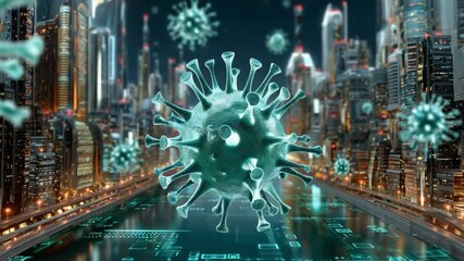 Pandemic Threat: Futuristic city is under viral attack showing virus cells are spreading in the city. A visual metaphor for the impact of a pandemic on the urban landscape. - Powered by Adobe