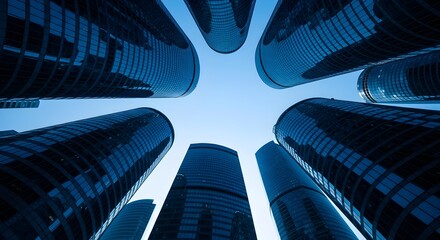 A low-angle view of several tall, modern skyscrapers converging towards a bright blue sky, emphasizing their height and architectural design.