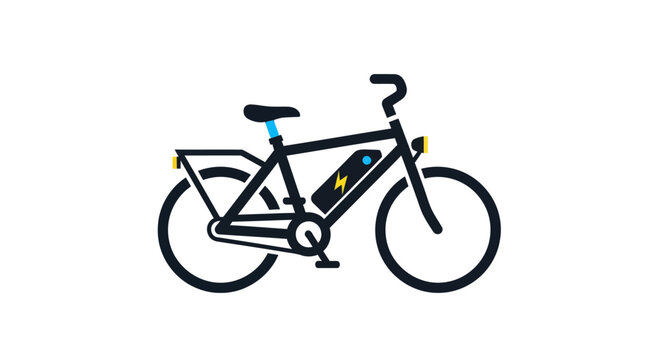 Illustrated Black Electric Bicycle with Battery and Accessories.