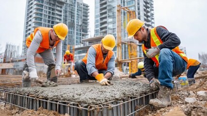 Construction Crew at Work: A group of construction workers diligently engaged in laying concrete at a bustling construction site, embodying the essence of teamwork and skillful execution.