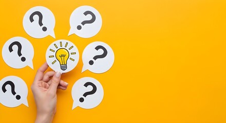 A hand holds a lightbulb icon surrounded by question mark speech bubbles, symbolizing ideas and problem-solving on a vibrant yellow background.