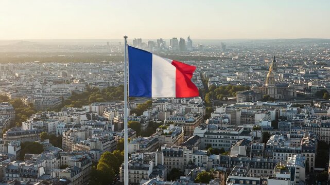 French flag waving over paris cityscape at sunset, aerial view