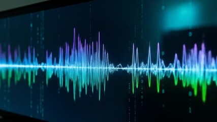 Rainbow Soundwave Digital data dances in vibrant hues on a dark screen - Powered by Adobe