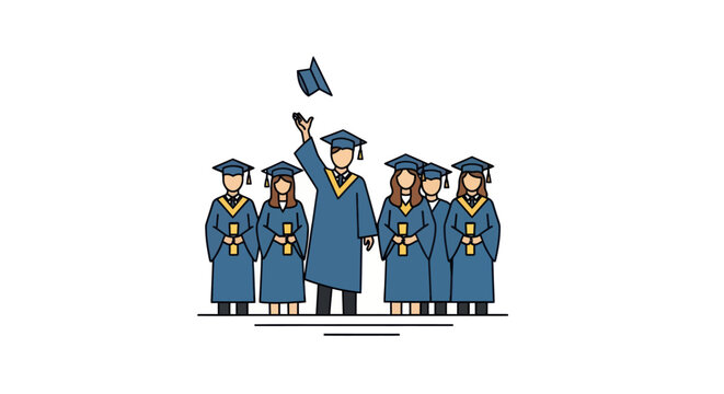 Joyful graduates in blue gowns throwing caps in air celebrating academic success.