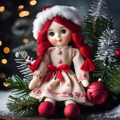 Jolie petite poupée ancienne en chiffon assise sur la branche d'un sapin de Noël dans un décor de fête. 