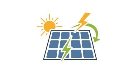 Solar Panel Generating Electricity with Sun and Lightning Bolt Icon.