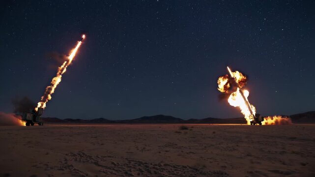 Military trucks launch impressive fireballs in desert at night with starry skies