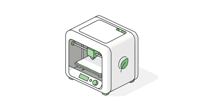 Compact white 3D printer with green leaf logo and digital display.