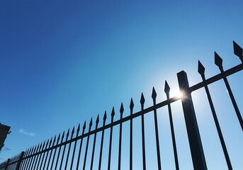 Skyward View of a Black Metal Fence Against a Bright Blue Sky.