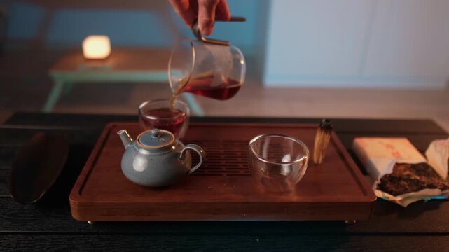 cozy home tea ceremony with warm evening light and steam relaxing calm atmosphere, top view