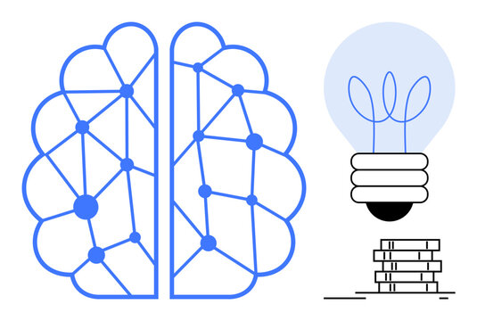 Brain network with neural nodes and connections alongside a light bulb sprouting plants atop stacked books. Ideal for innovation, learning, AI, creativity, growth, technology, knowledge. Simple flat