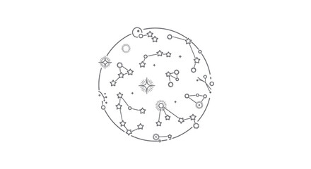 Circular Line Art Celestial Map with Constellations and Stars.