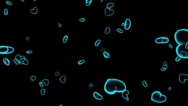 Holographic Outline Hearts Abstract Animation.A seamless loop of numerous abstract, glowing, outline heart shapes floating and rotating against a dark background. Perfect for romance, technology, cele
