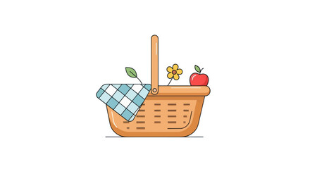 Woven Picnic Basket with Apple Flower and Checked Cloth.