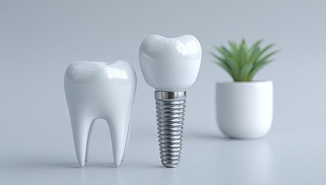 Natural tooth alongside a dental implant and a small potted plant on a grey surface