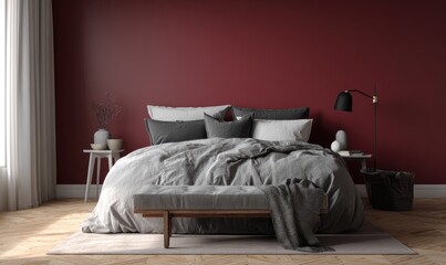 Stylish modern bedroom with a bold red wall, featuring a bed and elegant decor