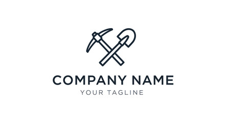 Minimalist line art logo of a crossed pickaxe and shovel. © Anak