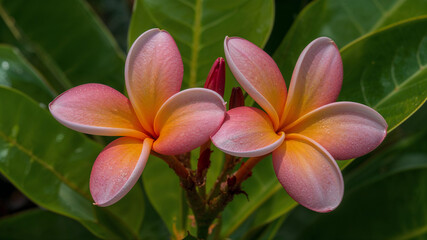 Fototapeta premium Two pink plumeria flowers blooming in tropical garden