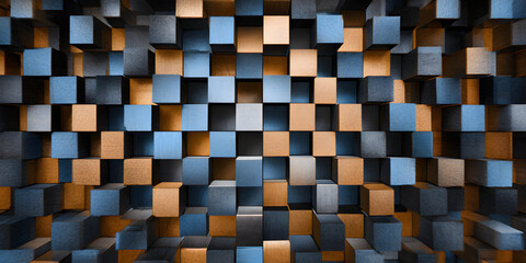 Colorful arrangement of wooden cubes in blue and brown tones creates a striking visual effect in a contemporary design setting