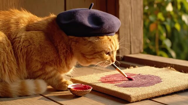 Ginger cat in a blue beret paints on a burlap canvas by a wooden window, dipping a brush into red paint playful, sunlit scene of a feline artist at work.
