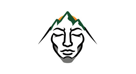 Mountain Face Logo Design with Closed Eyes and Green Peaks.