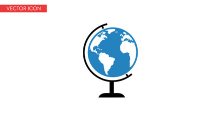 A simple vector illustration of a blue and white globe on a black stand.