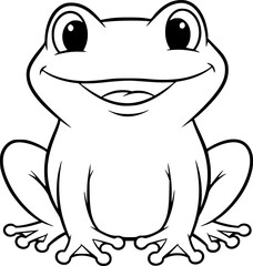 Cartoon frog drawing. It is a black and white outline image of a cute, smiling cartoon frog, depicted in a front-facing, seated pose. Vector sketch line art draw