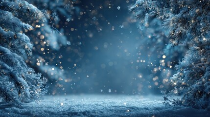Obraz premium Snowy fir trees frame soft blue backdrop with bokeh lights and copy space