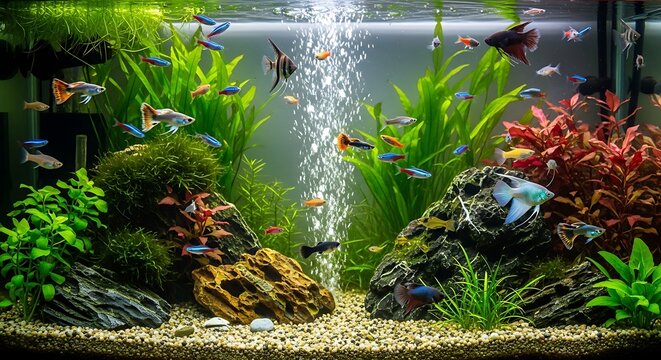 Vibrant Freshwater Aquarium with Diverse Fish and Lush Plants.