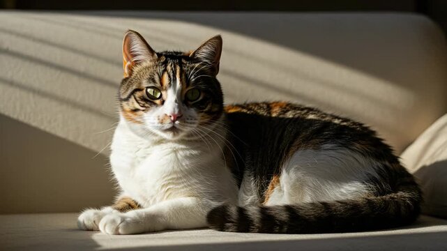 Calico cat resting on a couch in warm sunlight with shadows