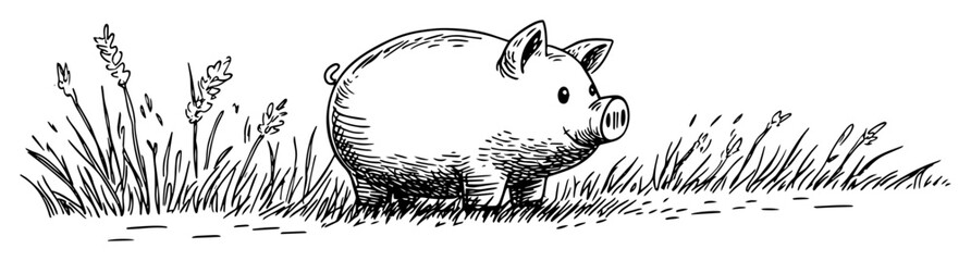 Hand drawn piglet walking in meadow grass black and white vector line art illustration