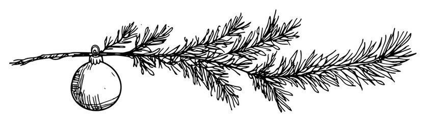 Hand drawn pine branch with hanging christmas bauble black and white vector line art decoration © Kaz