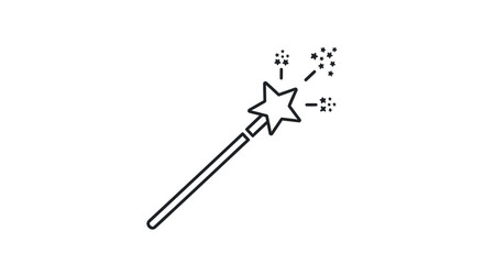 Simple Black Outline Magic Wand with Star and Sparkles Illustration.