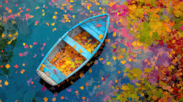 Blue Rowboat Surrounded by Autumn Leaves