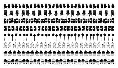 Hand drawn candy borders with chocolate bars lollipops and cupcakes repeating seamless pattern black and white vector set