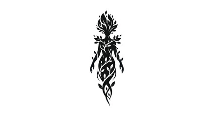 Stylized silhouette of a female figure adorned with leaves and vines.