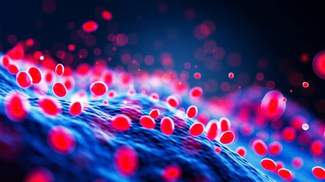 Microscopic view of flowing red blood cells in vibrant color