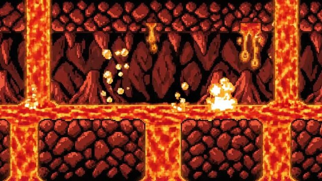Retro Pixel Art Video Game Lava Cave Level Animation.